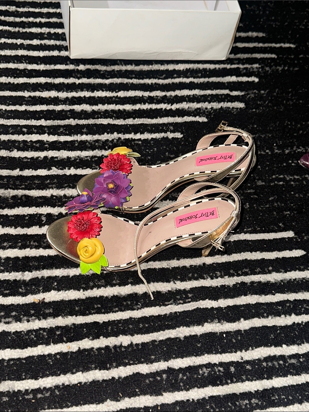 Betsey Johnson Gold Floral Strap Heels with Red, Purple & Yellow Flowers - Picture 3 of 6
